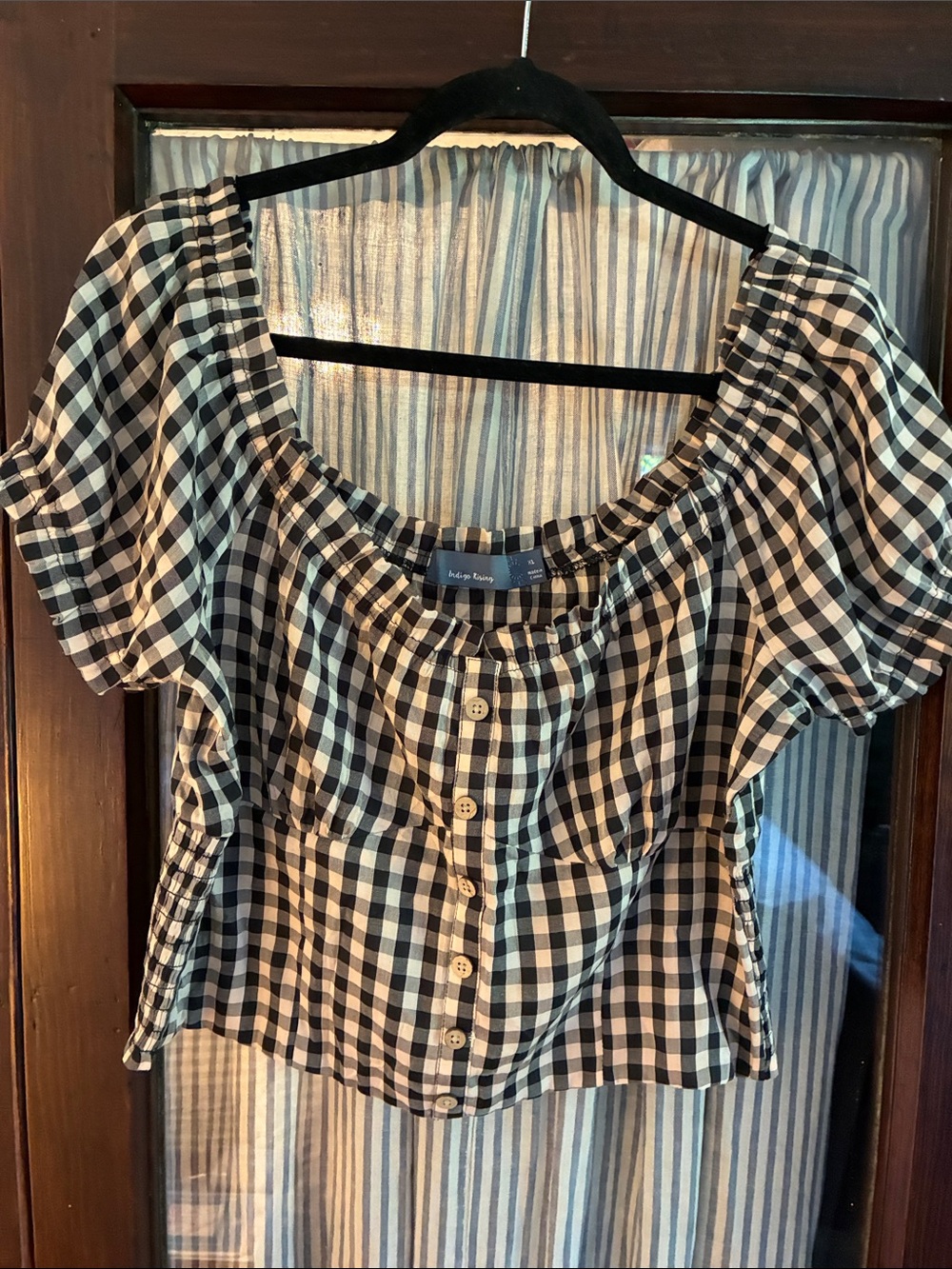 Indigo Rising Black and Tan Gingham Puff-Sleeve Button Front Blouse